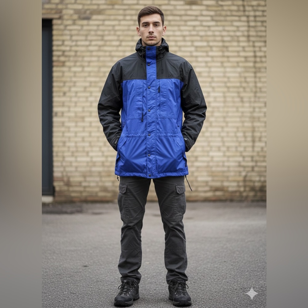 Vintage REI Hooded Performance Rain Jacket Blue Black Gore-Tex Water Proof Nylon